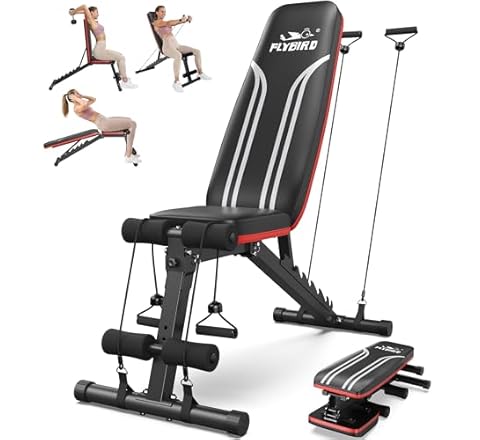 FLYBIRD Adjustable Weight Bench Workout Bench for Home Gym, 15 Degree Decline Sit-Up, Sturdy Durable Folding Weight Bench f…