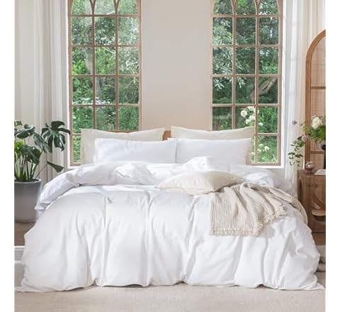 MooMee Bedding Duvet Cover Set 100% Washed Cotton Linen Like Textured Breathable Durable Soft Comfy (Bright White, Queen)