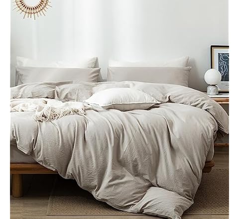 MooMee Bedding Duvet Cover Set 100% Washed Cotton Linen Like Textured Breathable Durable Soft Comfy (Cream Grey, Oversized …