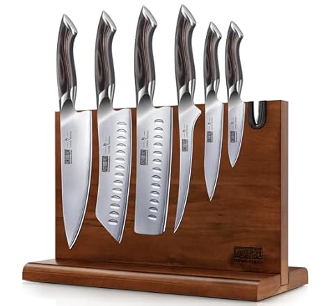 HOSHANHO 7 Pieces Kitchen Knife Set, Japanese High Carbon Stainless Steel Magnetic Knife Block Set, Ultra Sharp Chef Knives…
