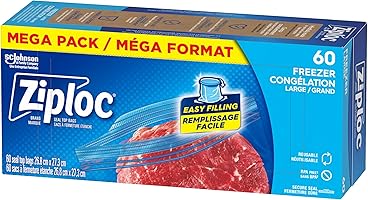 Ziploc Large Food Storage Freezer Bags, Grip 'n Seal Technology for Easier Grip, Open and Close, 60 Count