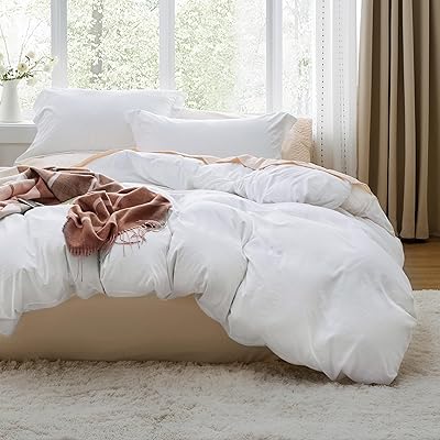 Bedsure White Duvet Cover Queen Size - 3 Pieces Prewashed Cotton-Like Extra Soft Bedding Set, Includes 1 Duvet Cover...
